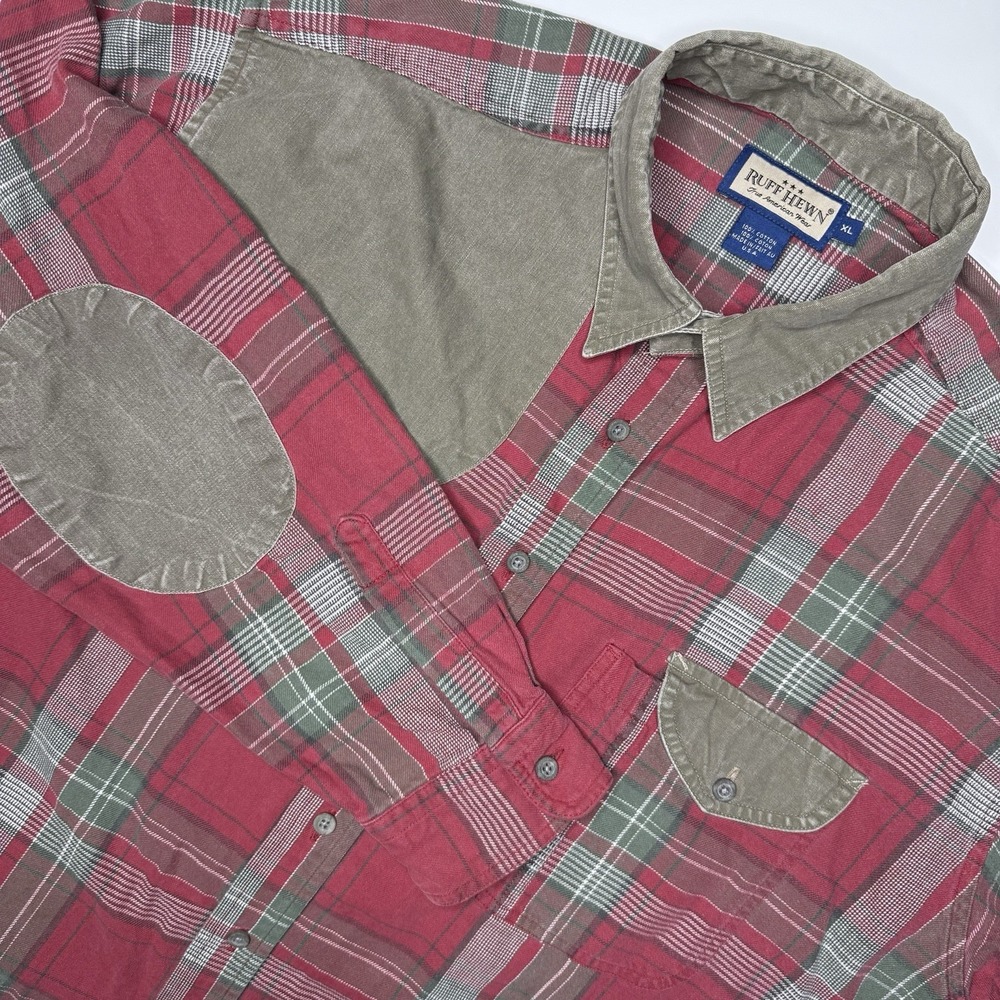 Vintage Ruff Hewn Shooting Shirt Men's X-Large Red Flannel Denim Elbow Patches